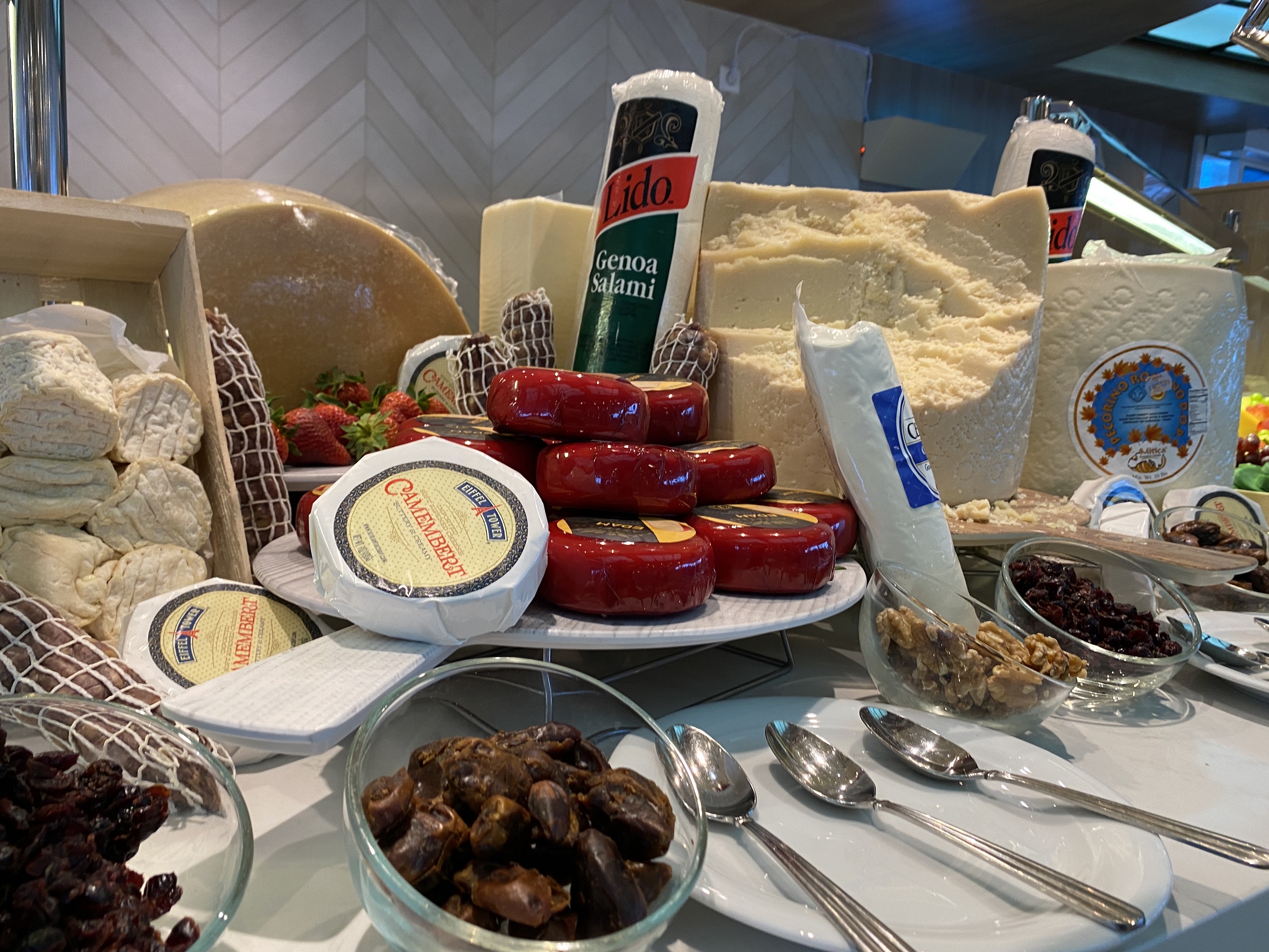 A cheese display waits for passengers in the buffet on Celebrity Millennium.