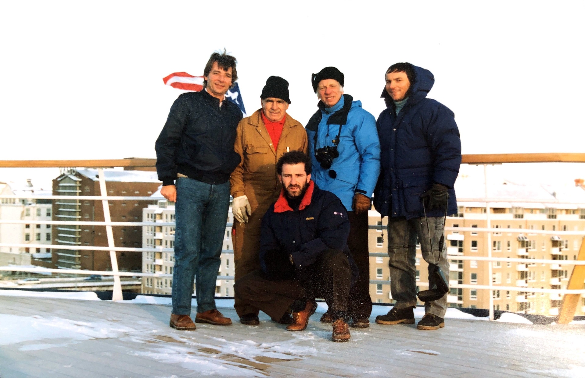 Carnival Fantasy officers, including inaugural Captain Gavino (standing, second from right) are shown here  in Helsinki during the ship’s construction.
