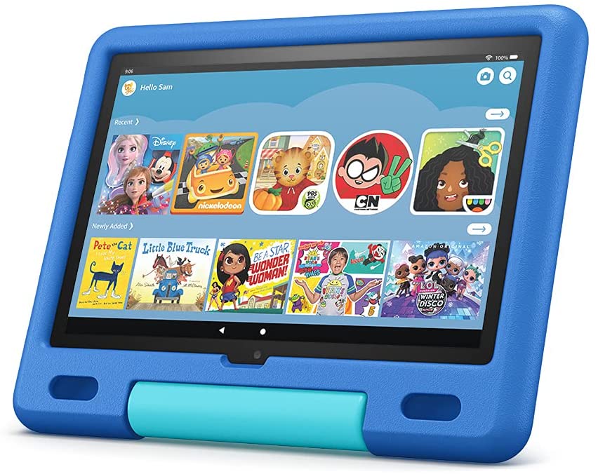 Cruise gear for Prime Day - Kindle kids tablet with blue case displaying icons for books and cartoons
