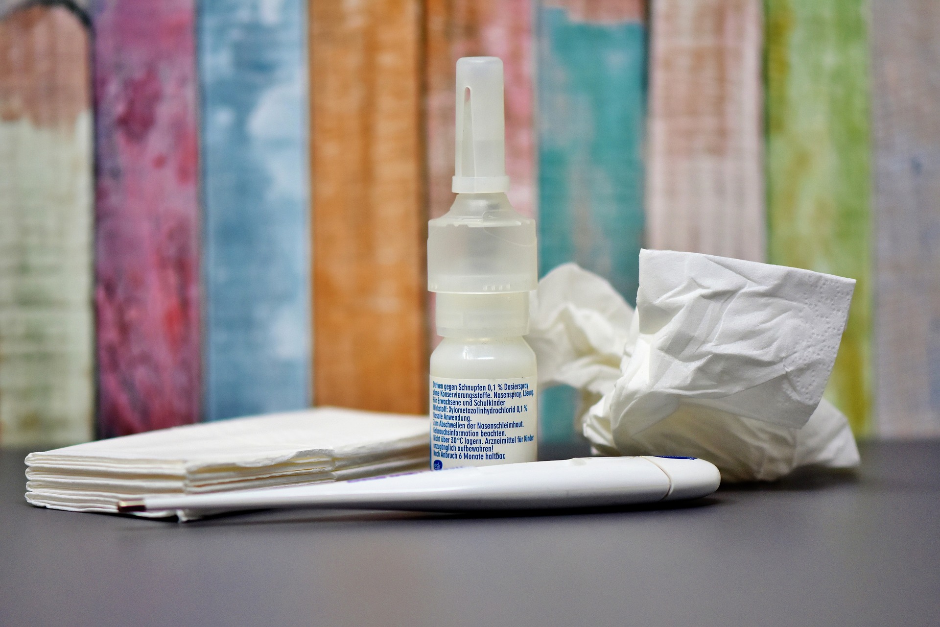 Masks, tissues, thermometer and nasal spray (source: Capri23auto, Pixabay)