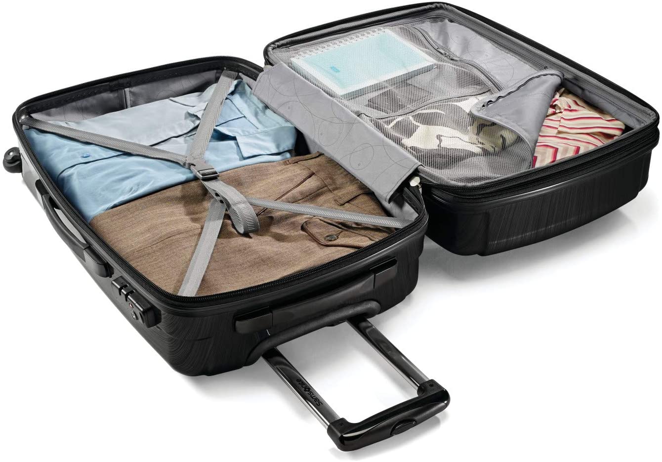 Cruise gear for Prime Day - Open Samsonite hardside luggage revealing folded shirts and pants