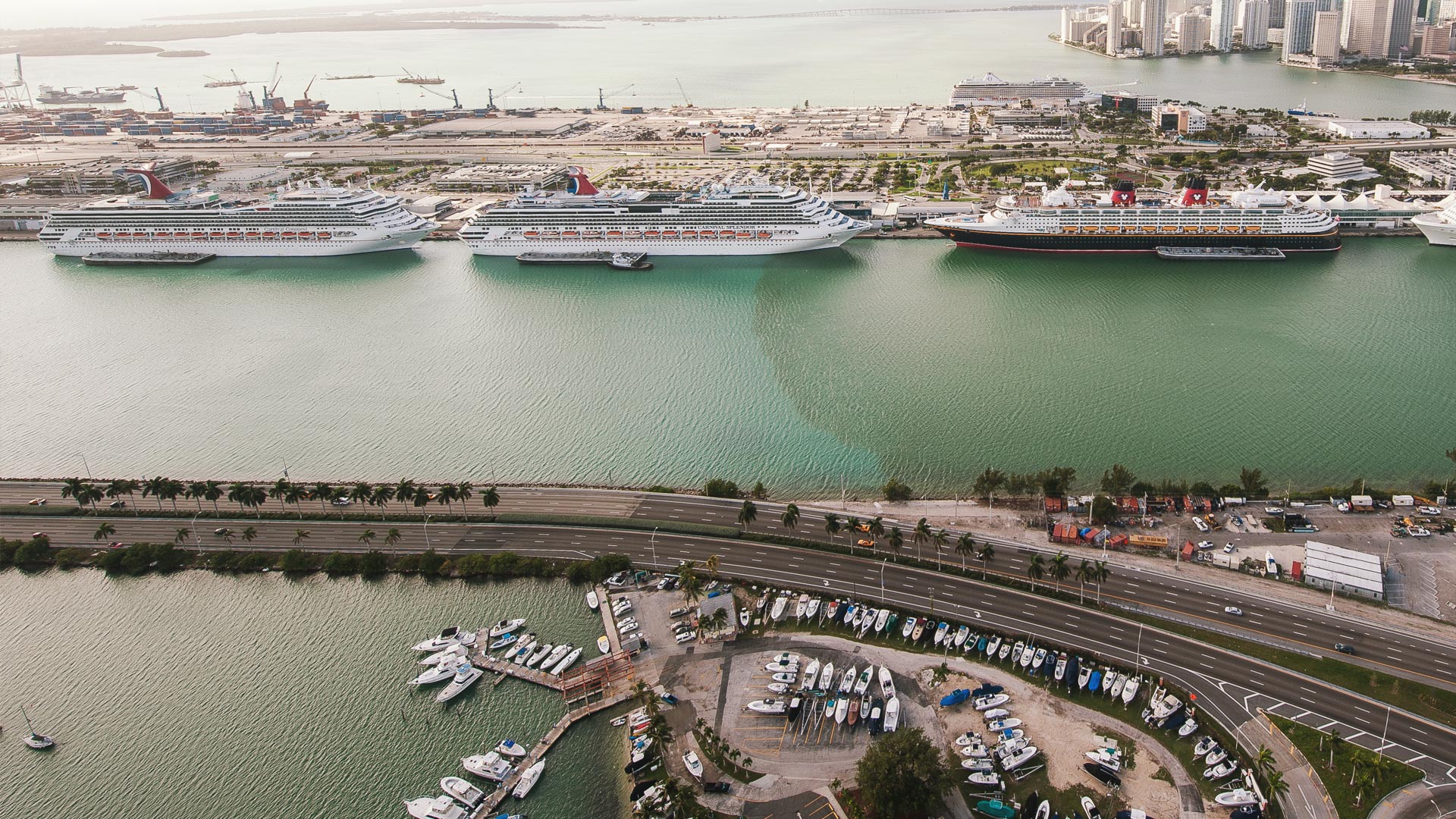 Carnival and Disney cruise ships docked in PortMiami