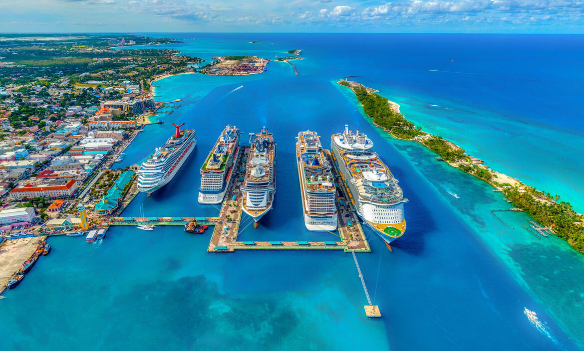 Ships docked side by side in Bahamas aerial view (source: Fernando Jorge, Unsplash)