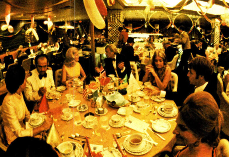 A cruise ship main dining room in the 1970s