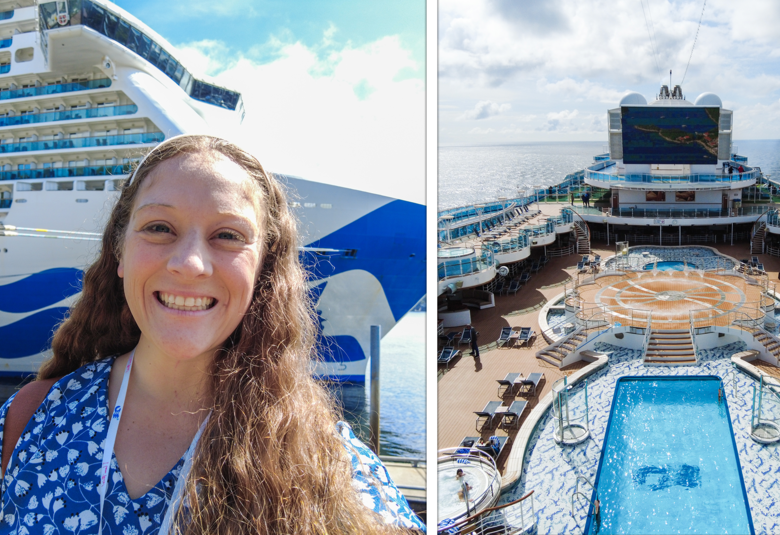 split image of a cruise ship and a girl taking a selfie