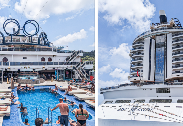 side by side image of a cruise ship pool deck and a cruise ship