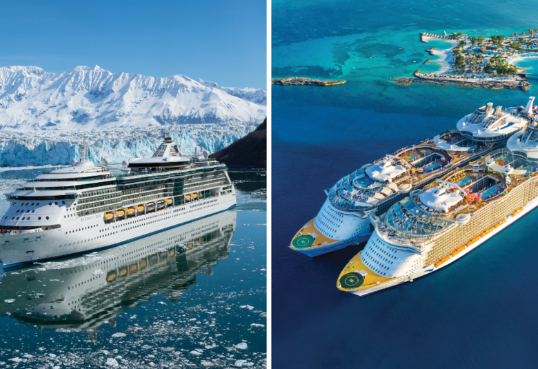 Side by side images of cruise ships in Alaska and the Caribbean