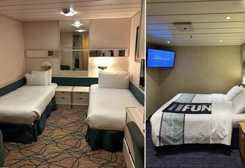 Photo showing a side-by-side comparison of an inside cabin on Vision of the Seas and Carnival Elation, two cruise ships that launched in 1998.