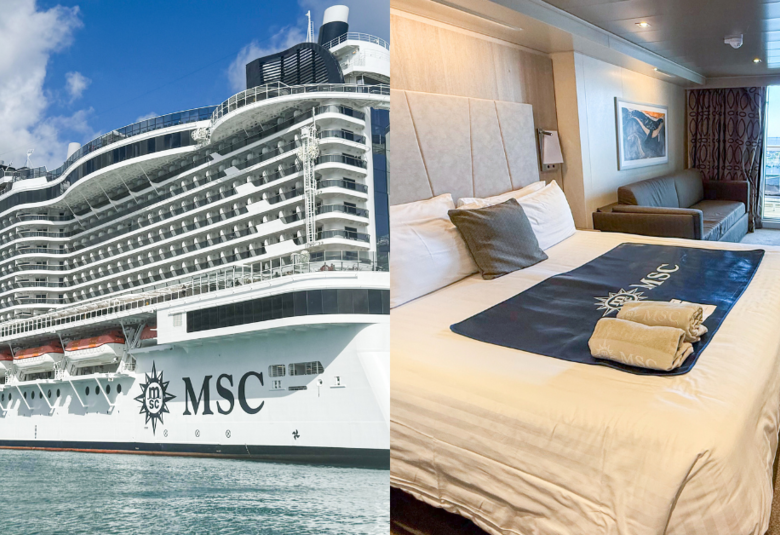 side by side image of MSC Seashore and balcony cruise cabin