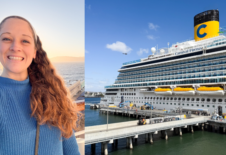 side by side image of Jenna selfie and Carnival Firenze exterior