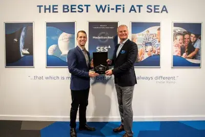 John Padgett (left), chief experience and innovation officer for Carnival Corporation, and JP Hemingway, CEO of SES Networks.