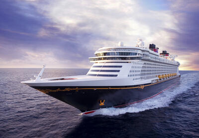 Disney Dream cruise ship front aerial view