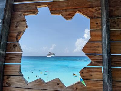 View of ship from pirate ship bar on Half Moon Cay
