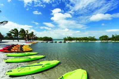 Harvest Caye lagoon with kayaks