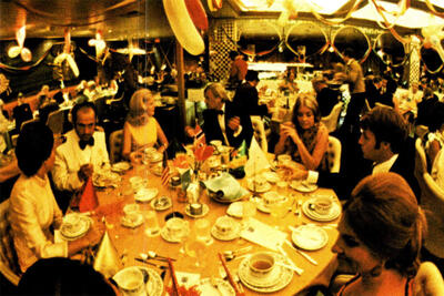 A cruise ship main dining room in the 1970s
