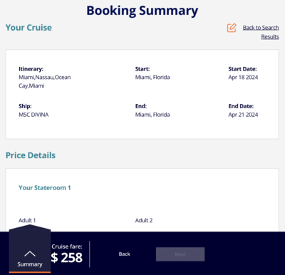 MSC Cruises Mock Pricing