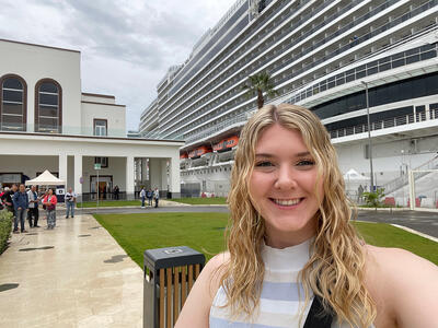 Elizabeth in front of MSC Seashore