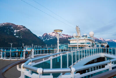 view of mountains from pool deck on Alaska cruise