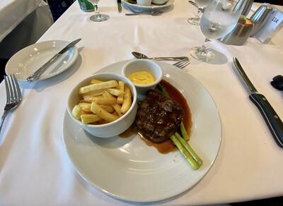 Filet with french fries and asparagus