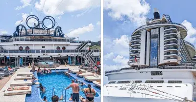 side by side image of a cruise ship pool deck and a cruise ship