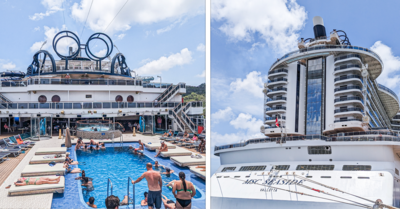 side by side image of a cruise ship pool deck and a cruise ship