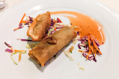 egg roll and dumpling on a plate