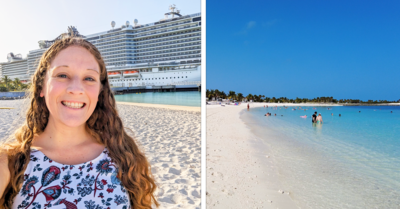 split image of selfie and beach