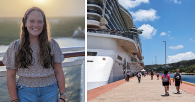 dual image of girl and cruise ship