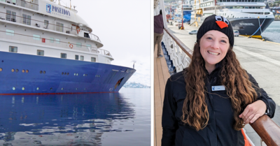 side by side image of an expedition cruise ship and a girl smiling