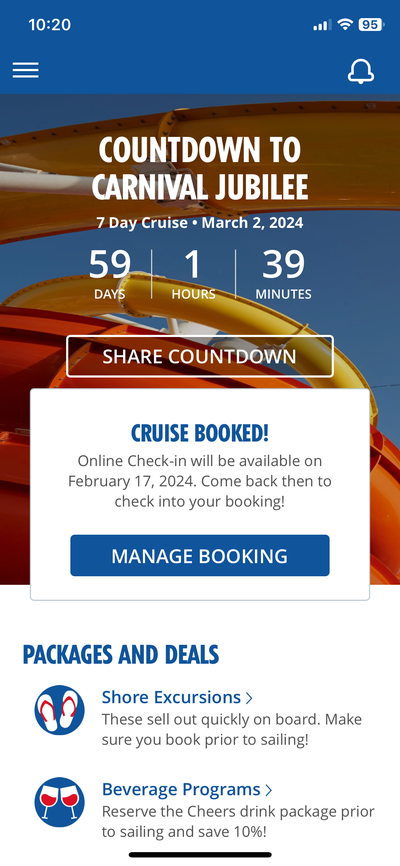 Carnival HUB app shows cruise countdown