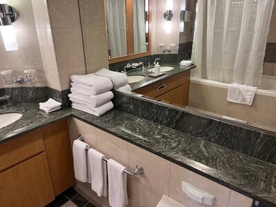 Bathroom counter with towels