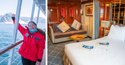 side by side image of Jenna on Sea Spirit with her cabin