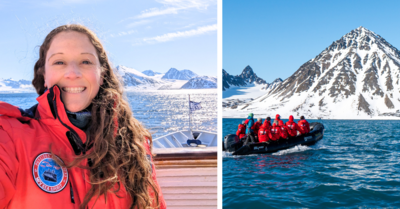 side by side image of selfie with Arctic landscape