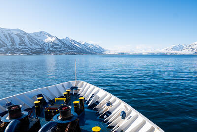 Sea Spirit cruise ship sailing toward a glacier