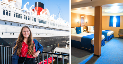 side by side image of queen mary ship and cabin