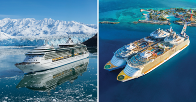 Side by side images of cruise ships in Alaska and the Caribbean