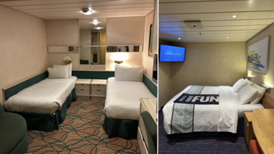 Photo showing a side-by-side comparison of an inside cabin on Vision of the Seas and Carnival Elation, two cruise ships that launched in 1998.