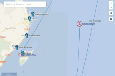 Map showing Carnival Paradise off the coast of Mexico