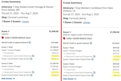 Port fees comparison for a cruise to Alaska vs. the Caribbean