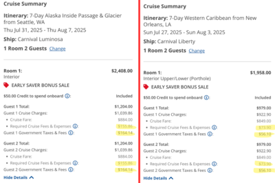 Port fees comparison for a cruise to Alaska vs. the Caribbean