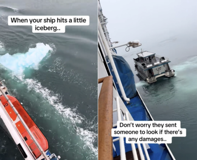 Screenshots from a TikTok showing Carnival Spirit hit a small piece of ice in Alaska