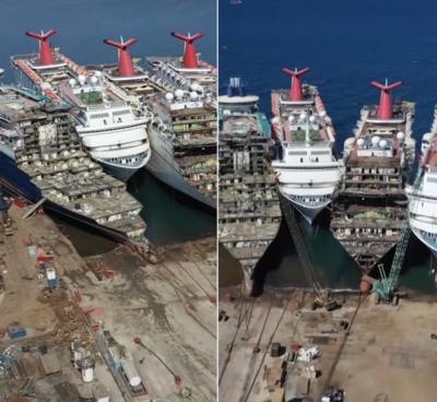 Screenshots from a TikTok showing four cruise ships at a scrap yard in Turkey