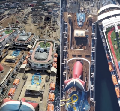 Aerial shot of two Carnival cruise ships at a scarp yard in Turkey