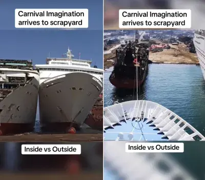 Screenshots taken from a video showing Carnival Inspiration beached in Turkey
