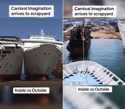 Screenshots taken from a video showing Carnival Inspiration beached in Turkey