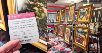 side by side image of art auction sticky note and paintings on display