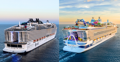 Side by side image of MSC World Europa and Icon of the Seas