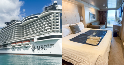 side by side image of MSC Seashore and balcony cruise cabin