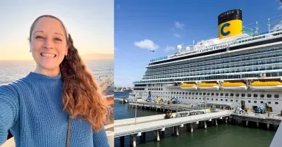 side by side image of Jenna selfie and Carnival Firenze exterior