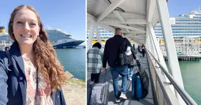 side by side image of Jenna selfie and Carnival Firenze boarding process